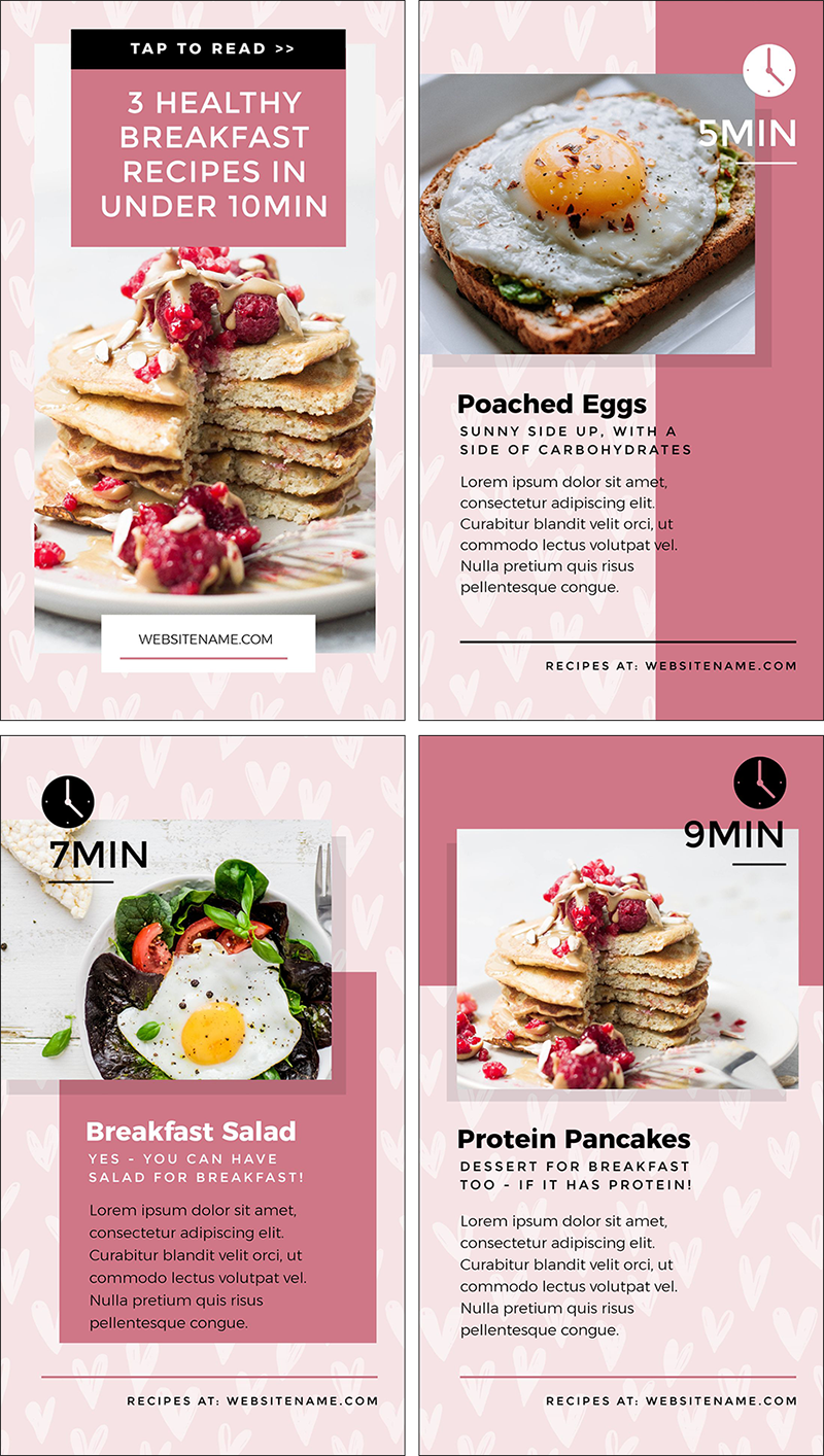 Healthy Breakfast Recipes Instagram Stories Design in Easil - Instagram Story Template Designs 10 Ways - Hack Your Visual Design Series 