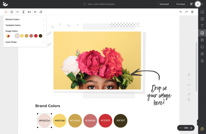 Create a color palette by uploading your image to Easil - grab your colors from the Image Color picker at the top left