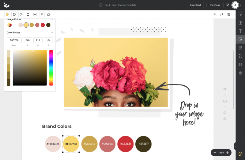 Create a color palette by uploading your image to Easil - grab your hex codes from the color picker at the top left