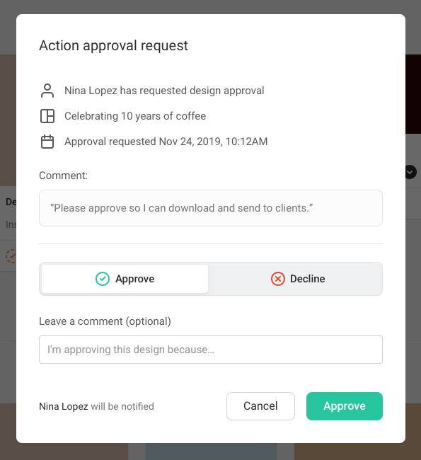 Canva Enterprise alternative - Easil Approvals Action request