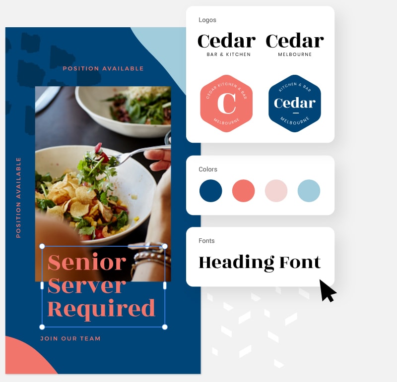 Easil Brand kit with font, logo, color and font picker palettes in brand kit